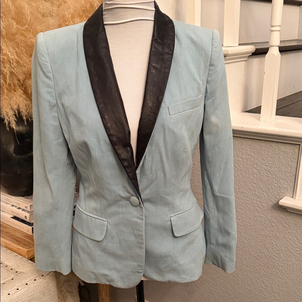 A.L.C Light Blue One-Button Blazer with Leather Collar Size 6